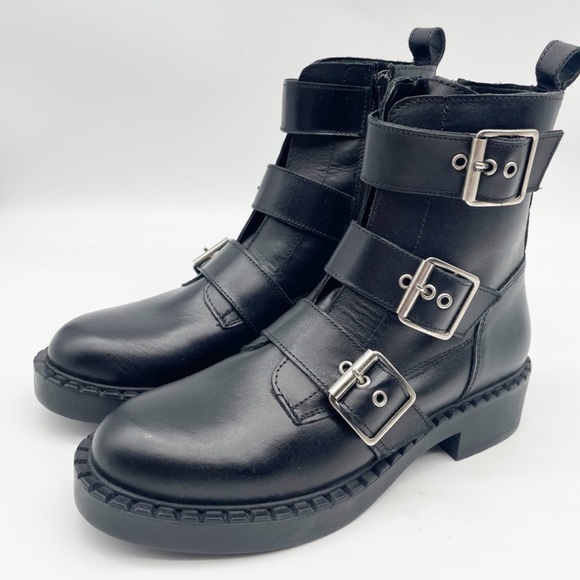 NWOT STEVE MADDEN Arlette Triple Buckle Black Leather Moto Boot Size 8 - Picture 4 of 17